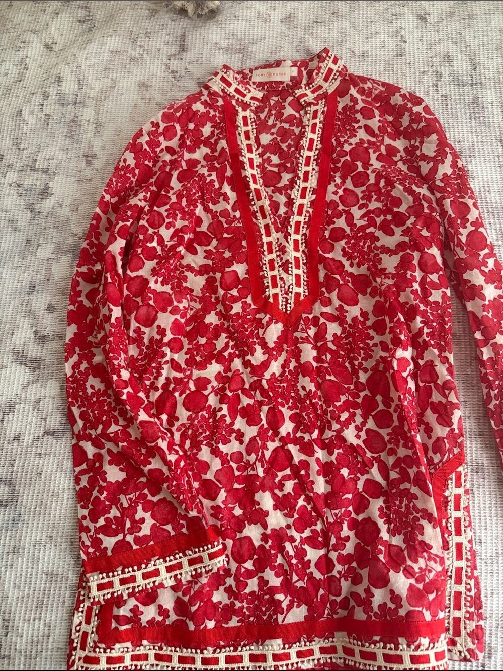 Tory Burch Red and Cream Floral Embroidered Tunic